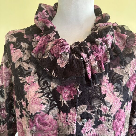 Elegant Tiara Moon Floral Lace Ruffle Cardigan Jacket With Ruffle Collar & Trim - Picture 8 of 10